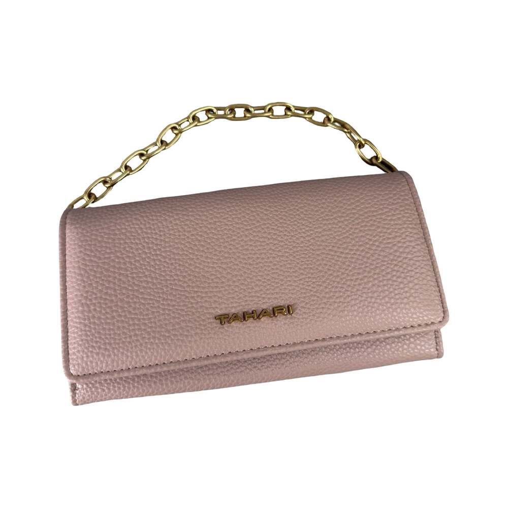 Tahari Blush Pink Pebbled Leather Chain Strap Wallet Clutch